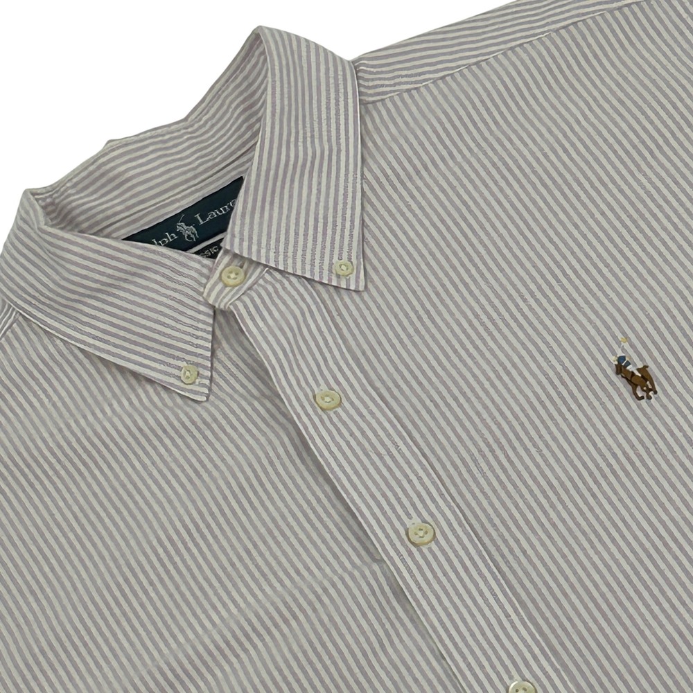Ralph Lauren Button Down Mens XL Purple White Striped Short Sleeve Classic Fit
